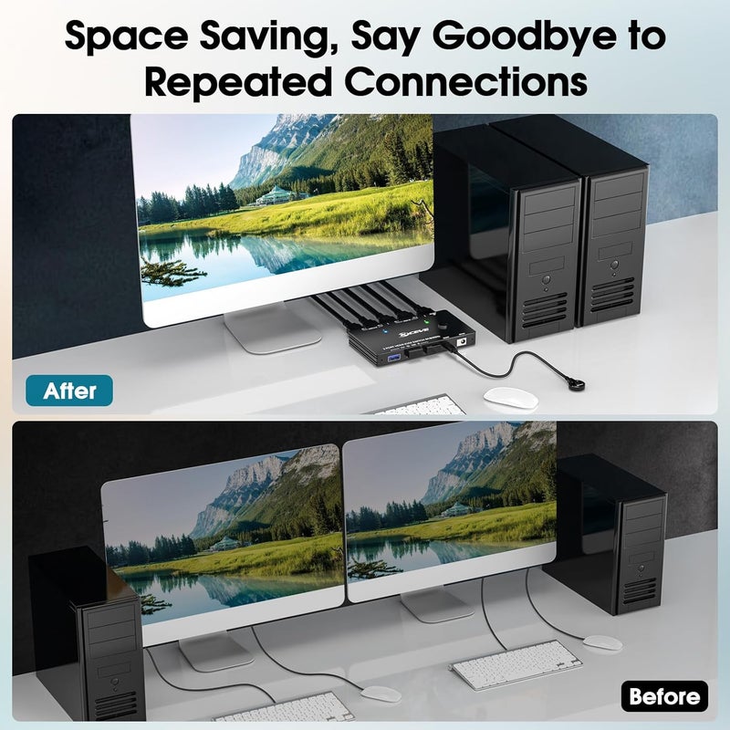 AOOCOO مفتاح KVM HDMI 1 شاشات 2 كمبيوتر 8K@60Hz/4K@120Hz مفاتيح KVM مع منفذ USB 3.0، جهاز تحكم سلكي، محول طاقة وكابلات USB3.0 متضمنة - Image 4
